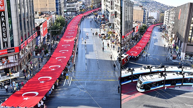 İzmir de 97. yıl gururu: 350 metrelik dev bayrak kentte dalgalandı
