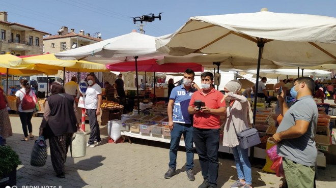 Pazar alışverişi yapanlara drone ile ateş ölçümü
