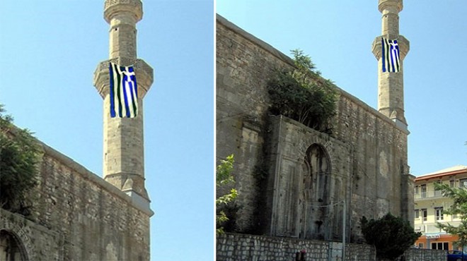 Tarihi camiye Yunan bayrağı astılar!