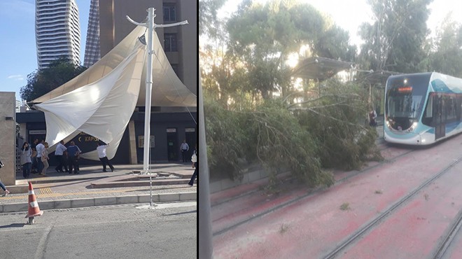 İzmir’de fırtına kabusu! Tenteler uçtu, ağaçlar yıkıldı