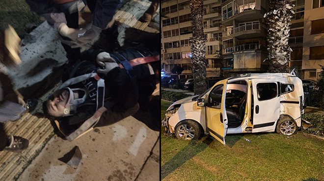 İzmir de kaza: Takla attı, tramvay yoluna uçtu
