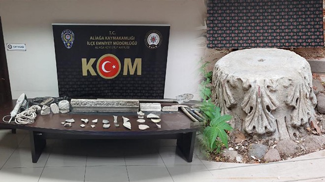 İzmir de tarihi eser kaçakçılarına suçüstü: Mermer sütun ele geçirildi